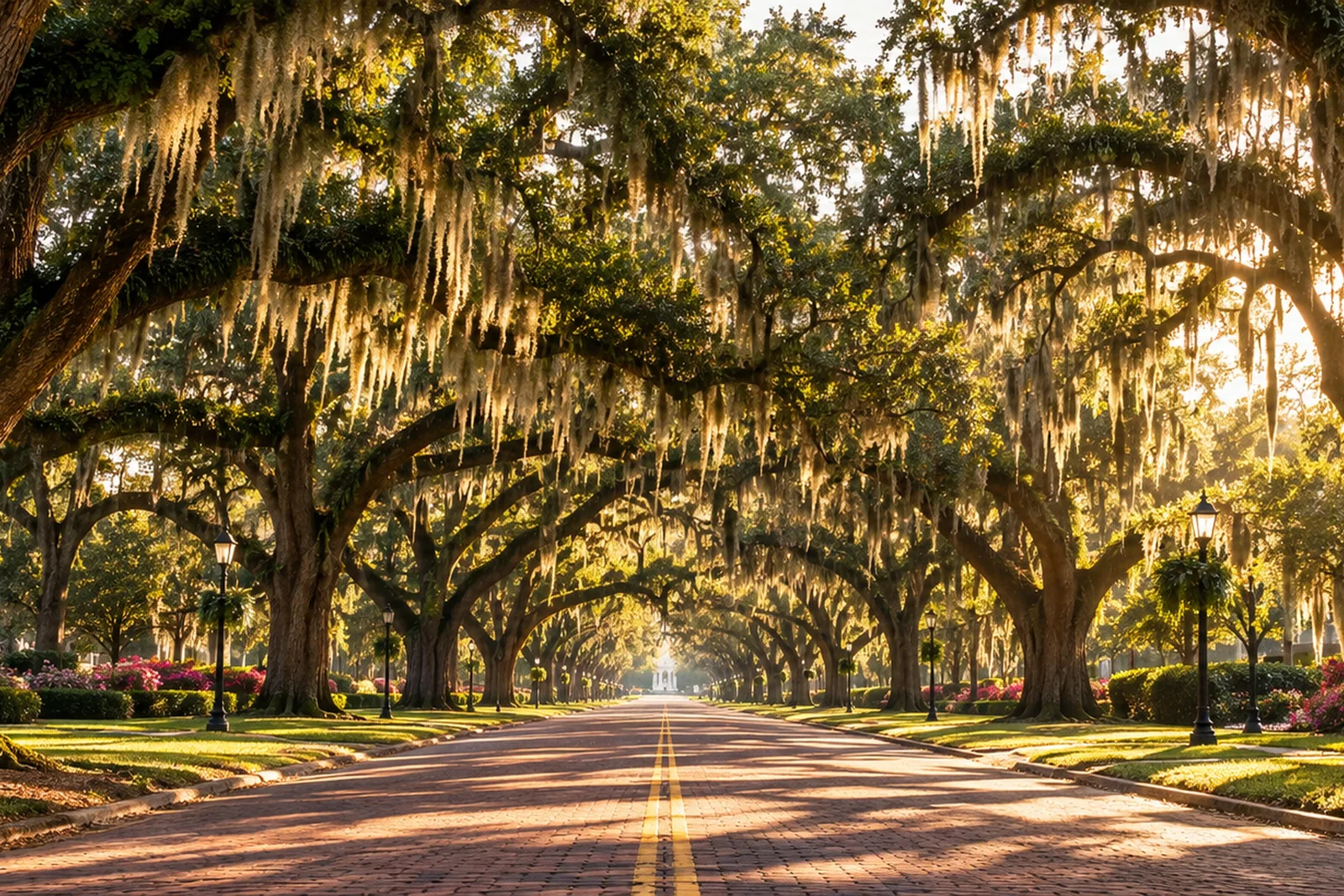 A road through an avenue of live oaks hung with Spanish moss.